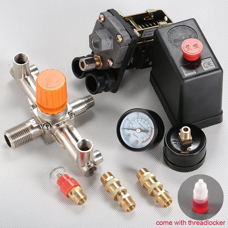 Secbolt Pressure Switch Manifold Regulator Gauges Air Compressor Pressure Switch Control Valve 90-120PSI (Vertical Switch) - Image 2